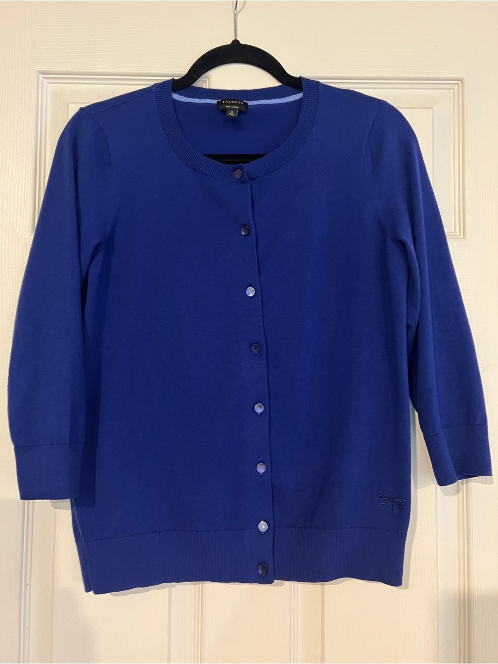 Talbots Royal Blue Womens 3/4 Sleeve Button Up Cardigan Sweater Pima Cotton M